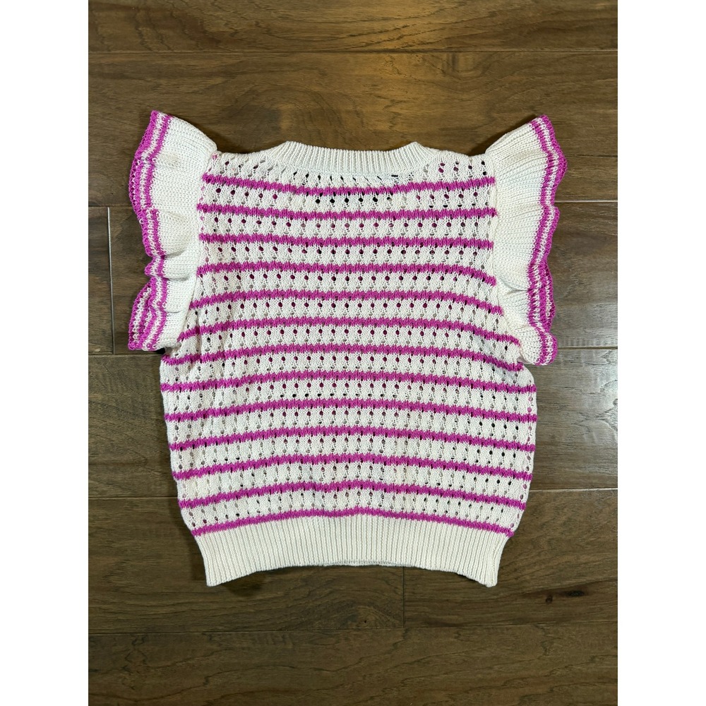 Pink White Striped Pointelle Knit Ruffle Sleeve Sweater Top Womens XS - Picture 3 of 4